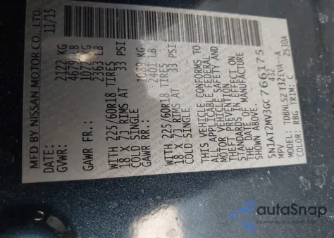 2016 Nissan Rogue Sl from USA, damaged, VIN 5N1AT2MV3GC766175